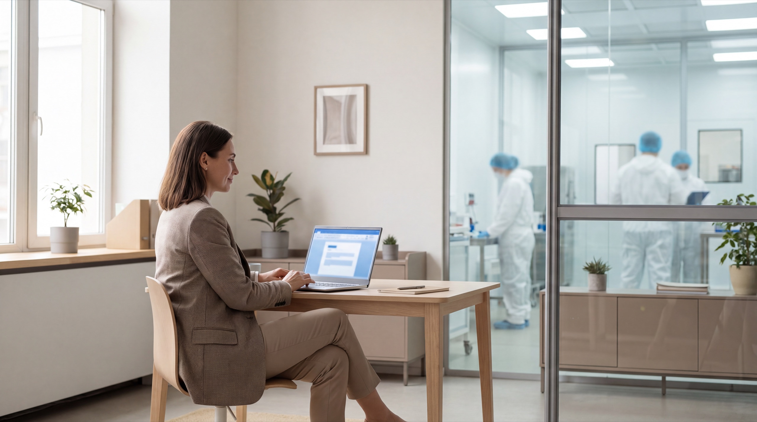 A consultant working beside a pharmaceutical cleanroom