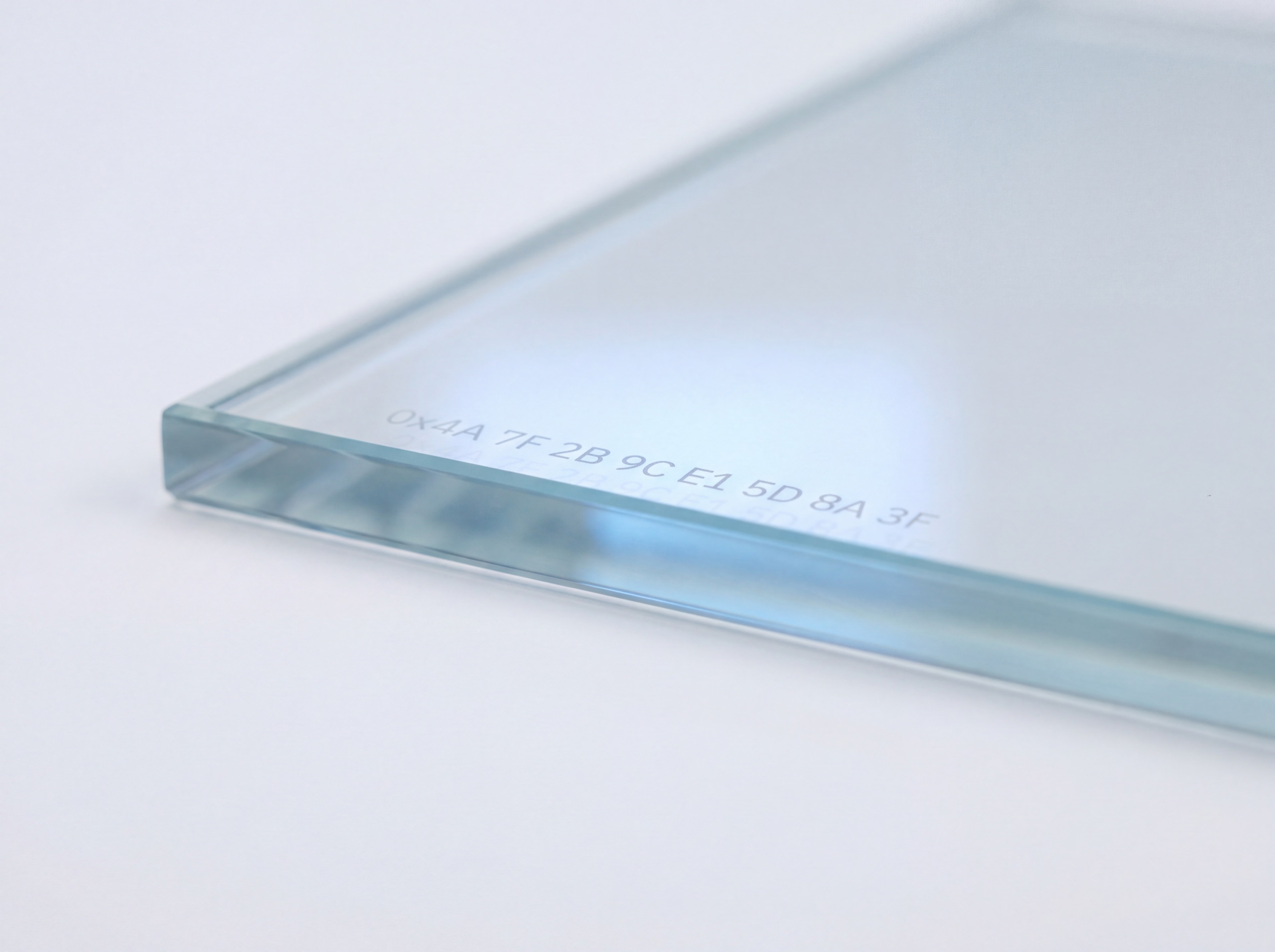 Glass document pane with etched hexadecimal fingerprint