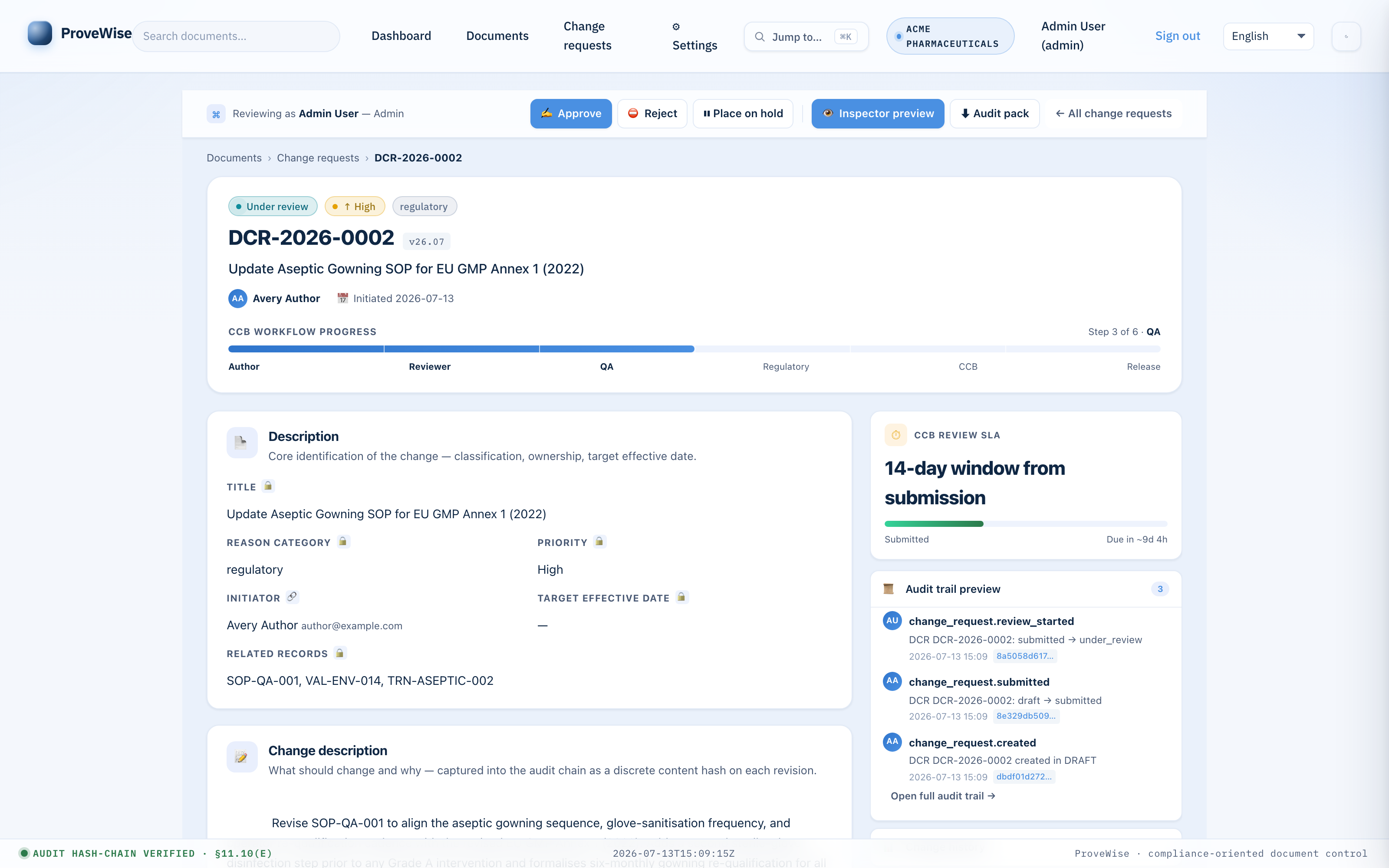 Change request detail with workflow rail